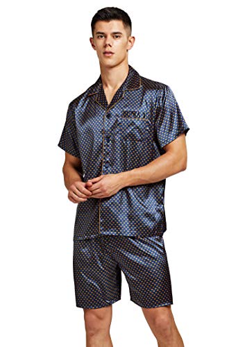 Herren Kurz Satin Schlafanzug Kurzarm Pyjama Set mit Shorts (Blau Golden, L) von Sanraflic