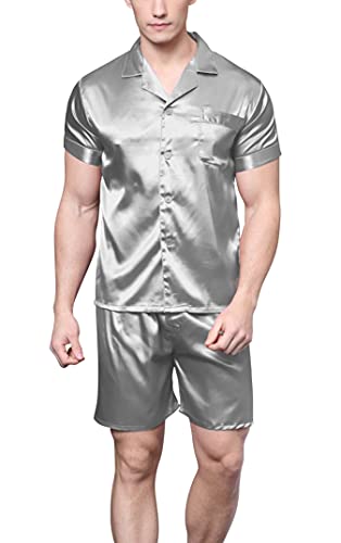 Herren Kurz Satin Schlafanzug Kurzarm Pyjama Set mit Shorts (Grau, XL) von Sanraflic