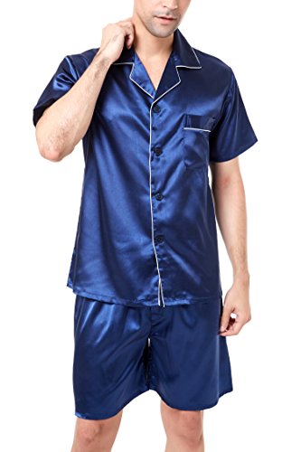 Herren Kurz Satin Schlafanzug Kurzarm Pyjama Set mit Shorts (Marineblau mit weißen Paspeln, L) von Sanraflic