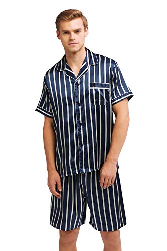 Herren Kurz Satin Schlafanzug Kurzarm Pyjama Set mit Shorts (Blau-Beige Gestreift, M) von Sanraflic