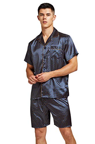 Herren Kurz Satin Schlafanzug Kurzarm Pyjama Set mit Shorts (Blau Golden, M) von Sanraflic