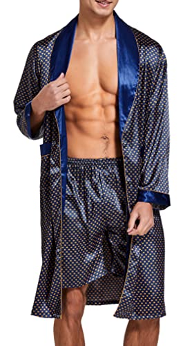 Herren Satin Bademantel, Leichter Seiden Langarm Bademantel mit Shorts Set, Spa Kimono Nachtwäsche (Blau mit Golden, L) von Sanraflic