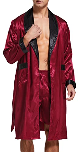 Herren Satin Bademantel, Leichter Seiden Langarm Bademantel mit Shorts Set, Spa Kimono Nachtwäsche (Burgund/Schwarz, L) von Sanraflic