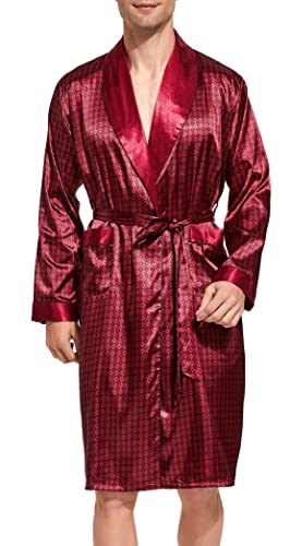 Herren Satin Bademantel, Leichter Seiden Langarm Bademantel mit Shorts Set, Spa Kimono Nachtwäsche (Burgund mit Schwarz, L) von Sanraflic