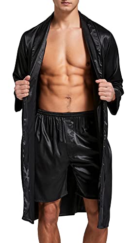 Herren Satin Bademantel, Leichter Seiden Langarm Bademantel mit Shorts Set, Spa Kimono Nachtwäsche (Schwarz, L) von Sanraflic