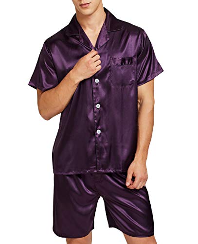 Herren Schlafanzug Kurzarm Satin Pyjama Set mit Shorts, violett, XXL von Sanraflic