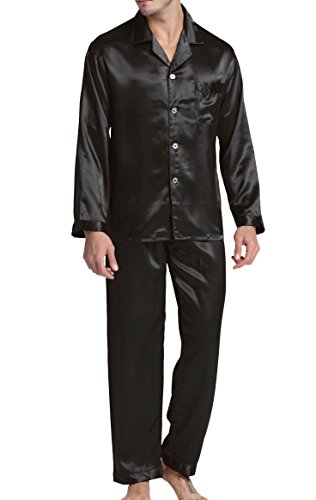 Herren Schlafanzug Pyjama Set Satin Nachtwäsche mit Langen Ärmel Loungewear (Schwarz, L) von Sanraflic