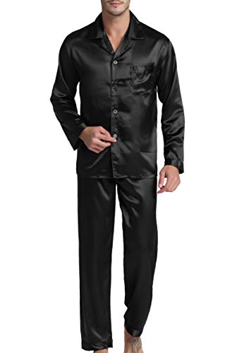 Herren Schlafanzug Pyjama Set Satin Nachtwäsche mit Langen Ärmel Loungewear (Schwarz, L) von Sanraflic