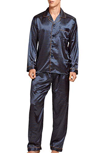 Herren Schlafanzug Pyjama Set Satin Nachtwäsche Langen Ärmel Loungewear (Blau Golden, XL) von Sanraflic