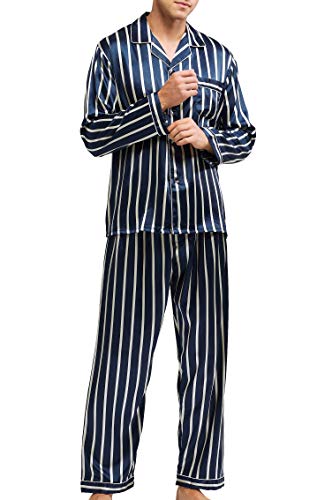 Herren Schlafanzug Pyjama Set Satin Nachtwäsche Langen Ärmel Loungewear (Blau und Beige Gestreift, M) von Sanraflic