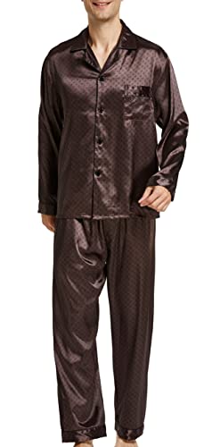 Herren Schlafanzug Pyjama Set Satin Nachtwäsche Langen Ärmel Loungewear (Braun, XL) von Sanraflic