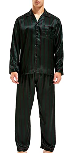 Herren Schlafanzug Pyjama Set Satin Nachtwäsche Langen Ärmel Loungewear (Grün Weinrot Gestreift, XL) von Sanraflic