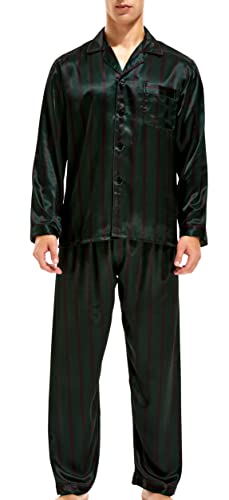 Herren Schlafanzug Pyjama Set Satin Nachtwäsche Langen Ärmel Loungewear (Grün Weinrot Gestreift, XXL) von Sanraflic