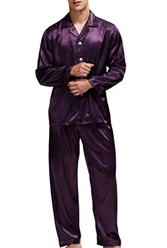 Herren Schlafanzug Pyjama Set Satin Nachtwäsche Langen Ärmel Loungewear (Lila, XXL) von Sanraflic