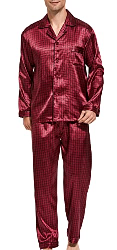 Herren Schlafanzug Pyjama Set Satin Nachtwäsche Langen Ärmel Loungewear (Weinrot/Schwarz, L) von Sanraflic