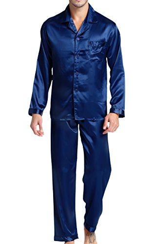 Herren Schlafanzug Pyjama Set Satin Nachtwäsche mit Langen Ärmel Loungewear (Blau, M) von Sanraflic