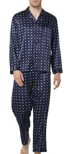 Herren Schlafanzug Pyjama Set Satin Nachtwäsche mit Langen Ärmel Loungewear (Blau/Burgund, XXL) von Sanraflic