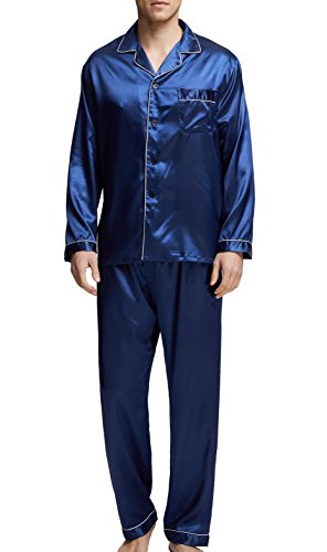 Herren Schlafanzug Pyjama Set Satin Nachtwäsche mit Langen Ärmel Loungewear (Blau mit weißer Linie, M) von Sanraflic