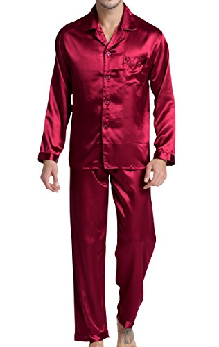 Herren Schlafanzug Pyjama Set Satin Nachtwäsche mit Langen Ärmel Loungewear (Burgund, M) von Sanraflic