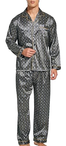 Herren Schlafanzug Pyjama Set Satin Nachtwäsche mit Langen Ärmel Loungewear (Goldenes Karomuster, M) von Sanraflic