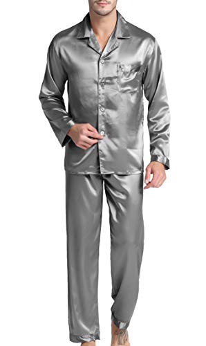 Herren Schlafanzug Pyjama Set Satin Nachtwäsche mit Langen Ärmel Loungewear (Grau, L) von Sanraflic