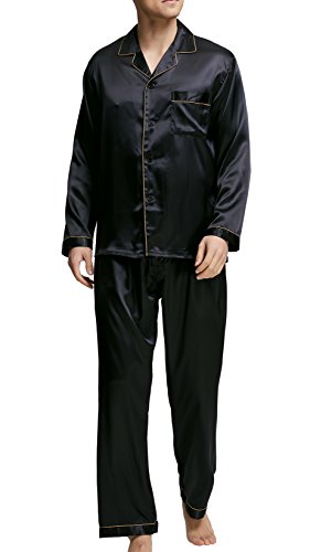 Herren Schlafanzug Pyjama Set Satin Nachtwäsche mit Langen Ärmel Loungewear (Schwarz mit Goldener Linie, M) von Sanraflic