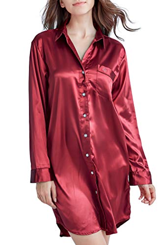 Nachthemd Damen, Satin Nachtkleid Langarm Nachtwäsche mit Knopfleiste Schlafhemd Freizeitkleidung (Burgund, M) von Sanraflic