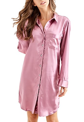 Nachthemd Damen, Satin Nachtkleid Langarm Nachtwäsche mit Knopfleiste Schlafhemd Freizeitkleidung (Dunkelrosa, L) von Sanraflic