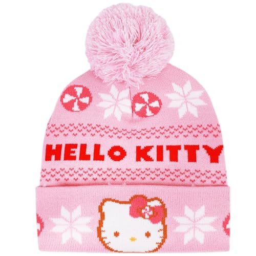 Sanrio Hello Kitty Damen Knitted Cuffed Holiday Hello Kitty Text and Character Face with a Pom Beanie-Mütze, Pink, One Size von Sanrio Hello Kitty