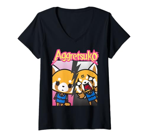 Damen Aggretsuko Split Personality T-Shirt T-Shirt mit V-Ausschnitt von Sanrio
