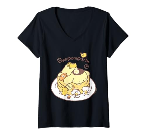 Damen Sanrio Pompompurin Pudding Pancakes T-Shirt mit V-Ausschnitt von Sanrio