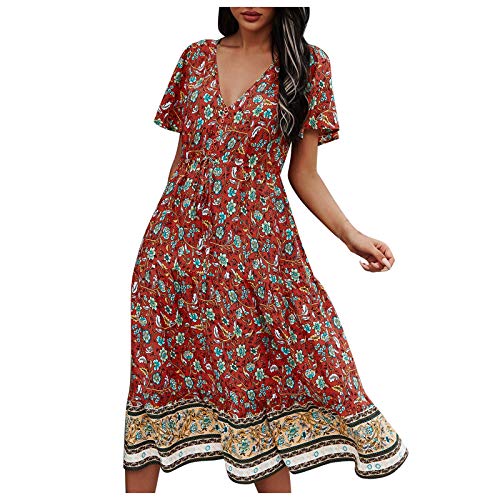 Damen Kleider Sommerkleider Elegant Strandkleid Boho Abendkleider Lässig Lose MinikleidStil Kurzarm Frauen Sommer Partykleid V-Ausschnitt Freizeitkleider von Sanser