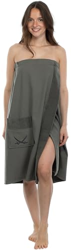 Sansibar Damen Saunasarong Saunakilt S-XXL mit Klettverschluss, Gummizug und Tasche mit gesticktem Säbel Logo 100% Baumwolle Anthrazit von Sansibar