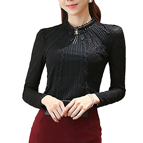 SansoiSan Damen Vintage Perlen Knöpfe Plissee Hemd Langarm Spitze Stretch Bluse, Schwarz, 3X-Groß von SansoiSan