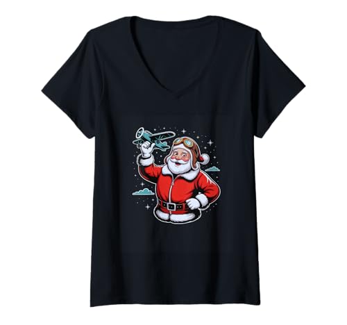 Damen Pilot Weihnachten Lustiger Weihnachtsmann Flieger Vintage Flugzeug T-Shirt mit V-Ausschnitt Damen Pilot Weihnachten Lustiger Weihnachtsmann Flieger Vintage Flugzeug T-Shirt mit V-Ausschnitt von Santa Aviator Shirts Pilot Xmas Flying Gifts