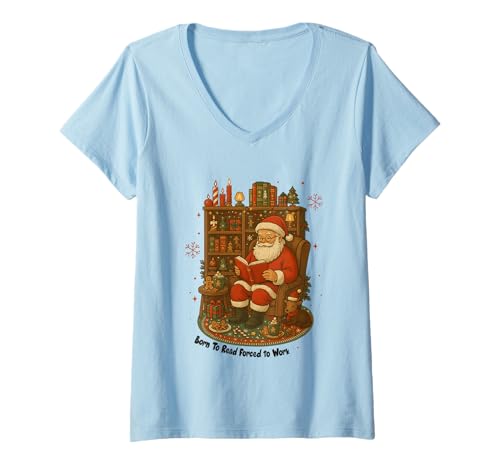 Damen Ich Liebe es zu lesen, gezwungen, zu Arbeiten, der Weihnachtsmann T-Shirt mit V-Ausschnitt von Santa Christmas Reading Bookshelf Holiday Cozy