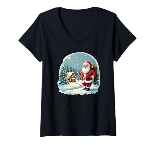 Damen Santa Cabin in der verschneiten Weihnachtsnacht T-Shirt mit V-Ausschnitt Damen Santa Cabin in der verschneiten Weihnachtsnacht T-Shirt mit V-Ausschnitt von Santa Claus Christmas Apparel Home And More