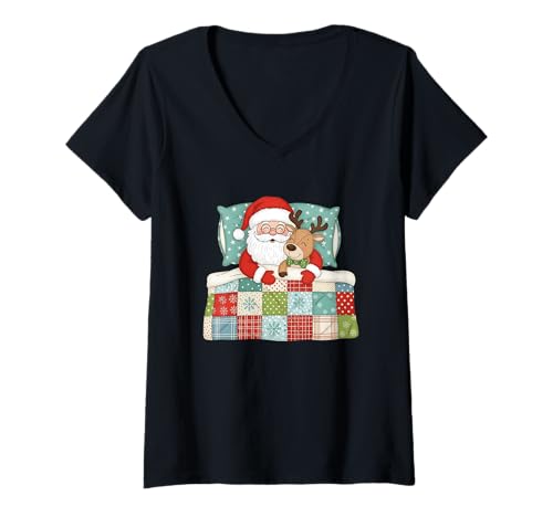 Damen Weihnachtsmann und Rentier schlafend Weihnachten T-Shirt mit V-Ausschnitt Damen Weihnachtsmann und Rentier schlafend Weihnachten T-Shirt mit V-Ausschnitt von Santa Claus Christmas Holiday Bedding Fun