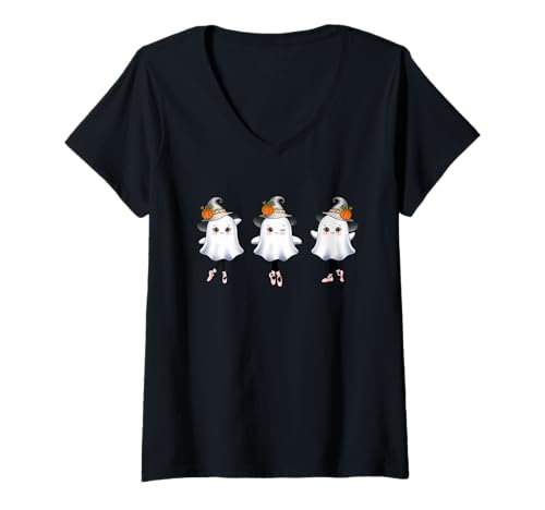 Damen Halloween Ballett Kürbis Hexenhut Niedliche Geist Ballerina T-Shirt mit V-Ausschnitt von Santa Claus Christmas and Holiday Gift Tee Shop