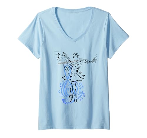 Damen Mädchen spielt Flötenmusik und Ballett Flötist Ballerina T-Shirt mit V-Ausschnitt von Santa Claus Christmas and Holiday Gift Tee Shop