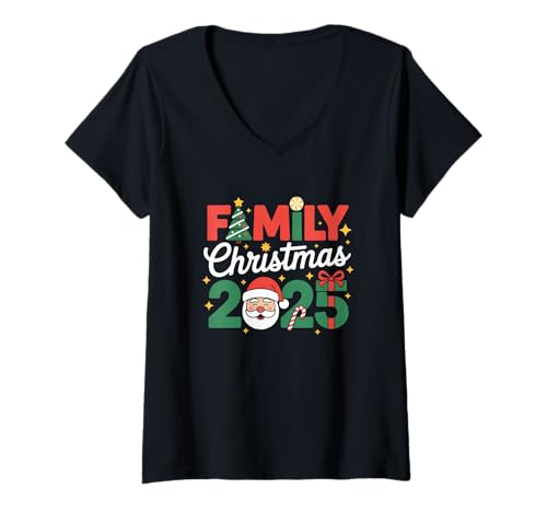 Damen Familie Weihnachten 2025 ist Familie, und Familie ist T-Shirt mit V-Ausschnitt von Santa Claus Christmas holiday XMAS tree