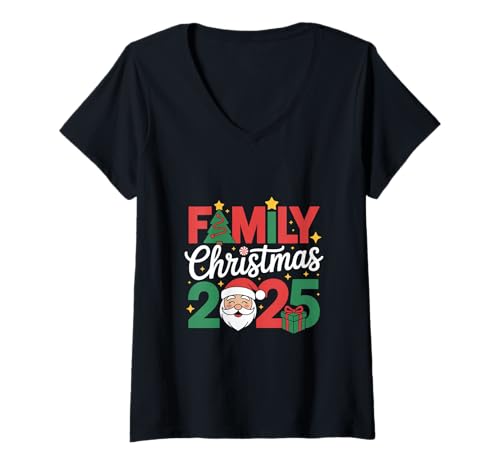 Damen Familie Weihnachten 2025 ist Familie, und Familie ist T-Shirt mit V-Ausschnitt von Santa Claus Christmas holiday XMAS tree