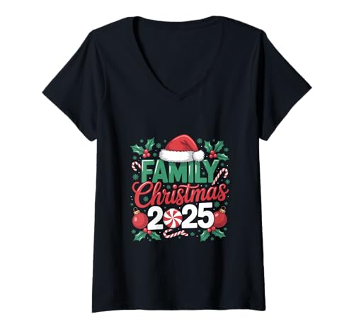 Damen Familie Weihnachten 2025 ist Familie, und Familie ist T-Shirt mit V-Ausschnitt von Santa Claus Christmas holiday XMAS tree