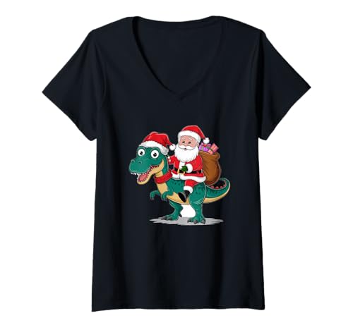 Damen Weihnachtsmann reitet Dinosaurier T-Rex Funny Xmas T-Shirt mit V-Ausschnitt Damen Weihnachtsmann reitet Dinosaurier T-Rex Funny Xmas T-Shirt mit V-Ausschnitt von Santa Claus Riding Dinosaur T-Rex Funny Xmas