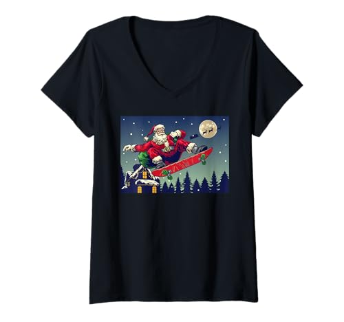 Damen Santa Claus Skateboarding with Gifts Sack Christmas T-Shirt mit V-Ausschnitt Damen Santa Claus Skateboarding with Gifts Sack Christmas T-Shirt mit V-Ausschnitt von Santa Claus Skateboarding Store