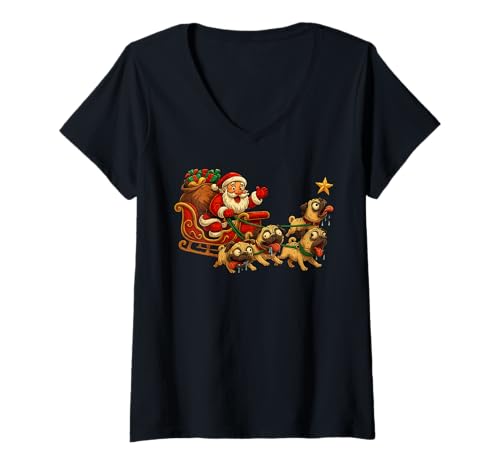 Damen Lustiger Weihnachtsmann Schlitten Mops Hund Meme Weihnachten Tier T-Shirt mit V-Ausschnitt von Santa Claus Sleigh Funny Pugs Christmas Dogs