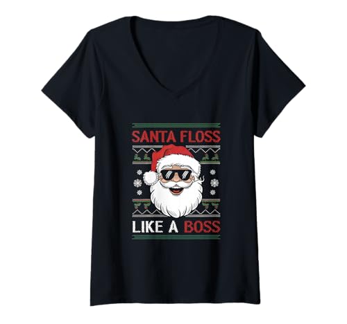 Damen Floss Like Boss Lustiger Weihnachtsmann T-Shirt mit V-Ausschnitt von Santa Claus Ugly Christmas