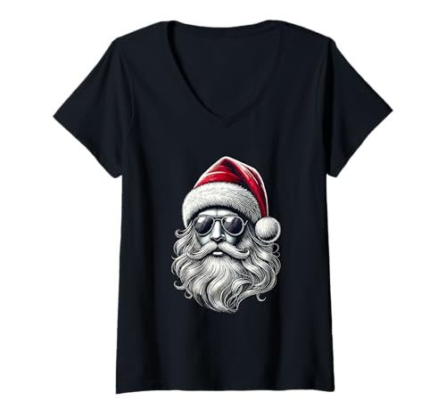 Damen Merry Christmas Santa Claus mit Sonnenbrille Weihnachtsmann T-Shirt mit V-Ausschnitt von Santa Claus Weihnachtsmann Shirt Frohe Weihnachten
