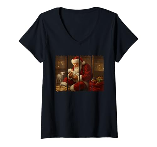 Damen Weihnachtsmann betet über Jesuskind, beliebter Pinselstrich, Weihnachten T-Shirt mit V-Ausschnitt Damen Weihnachtsmann betet über Jesuskind, beliebter Pinselstrich, Weihnachten T-Shirt mit V-Ausschnitt von Santa Clause Holding Kneeling Jesus Christmas art