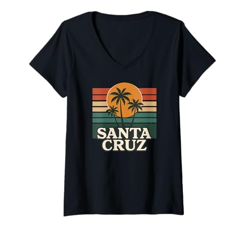 Damen Santa Cruz CA Kalifornien Retro Sunset Palmen Vintage Style T-Shirt mit V-Ausschnitt Damen Santa Cruz CA Kalifornien Retro Sunset Palmen Vintage Style T-Shirt mit V-Ausschnitt von Santa Cruz CA Kalifornien Retro Sunset Vintage
